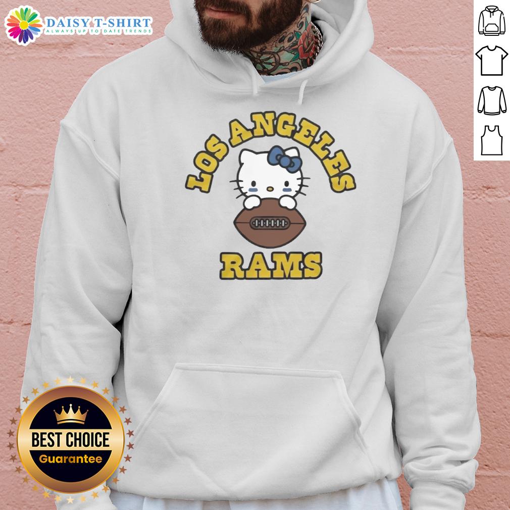 Alt Text: Awesome Hello Kitty x Los Angeles Rams football hoodie featuring a stylish design perfect for fans and fashion lovers.