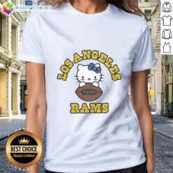 Alt Text: Awesome Hello Kitty x Los Angeles Rams football ladies tee featuring colorful graphics and stylish design.