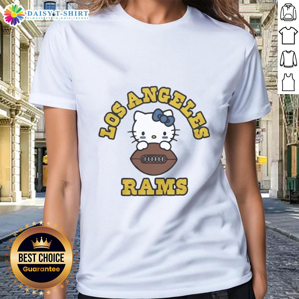 Alt Text: Awesome Hello Kitty x Los Angeles Rams football ladies tee featuring colorful graphics and stylish design.
