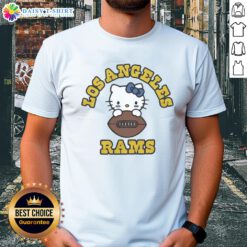 Awesome Hello Kitty X Los Angeles Rams football T-shirt featuring a cute design perfect for fans and collectors.