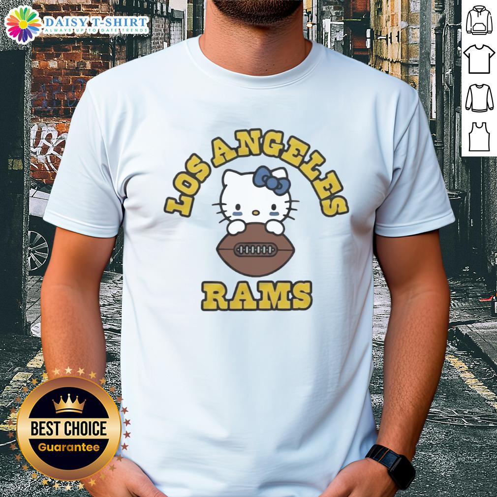 Awesome Hello Kitty X Los Angeles Rams football T-shirt featuring a cute design perfect for fans and collectors.