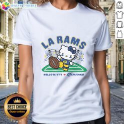 Alt Text: Awesome Hello Kitty x Los Angeles Rams Kickoff Ladies Tee featuring a playful design perfect for fans.