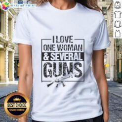 Awesome vintage ladies tee featuring 'I Love One Woman And Several Guns' graphic design.