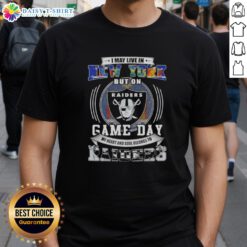 Alt Text: Awesome 'I May Live In New York But My Heart Belongs To Las Vegas Raiders' Football T-Shirt design for fans.