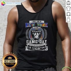 Alt Text: Woman wearing a Raiders football tank top, showcasing team spirit for Las Vegas Raiders on game day in New York.