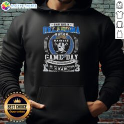Oklahoma fan wearing Las Vegas Raiders football hoodie, showcasing team spirit on game day.