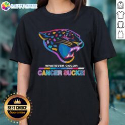 Jacksonville Jaguars football ladies tee featuring colorful 'Cancer Sucks' logo design for fans and supporters.