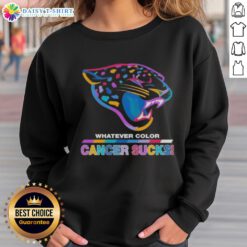 Jacksonville Jaguars sweatshirt featuring a colorful 'Cancer Sucks' logo, perfect for football fans supporting a cause.