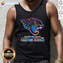 Jacksonville Jaguars football tank top featuring colorful 'Cancer Sucks' logo design, perfect for fans and supporters.