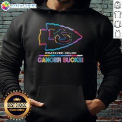 Awesome Kansas City Chiefs Football hoodie with colorful 'Cancer Sucks' logo, perfect for fans supporting a great cause.