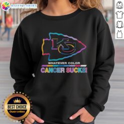Awesome Kansas City Chiefs Football sweatshirt featuring colorful 'Cancer Sucks' logo design for fans and supporters.