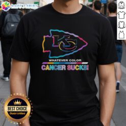 Alt Text: Kansas City Chiefs Football T-Shirt featuring colorful 'Cancer Sucks' logo design for sports fans and awareness.