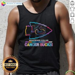 Awesome Kansas City Chiefs football tank top featuring colorful 'Cancer Sucks' logo design.