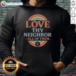 Retro vintage rainbow peace hoodie featuring 'Love Thy Neighbor' design for stylish, inclusive fashion lovers.