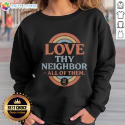 Retro vintage rainbow peace sweatshirt featuring 'Love Thy Neighbor' design, perfect for spreading positivity and style.