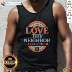 Retro vintage rainbow peace tank top featuring 'Love Thy Neighbor' design, perfect for spreading positivity and style.