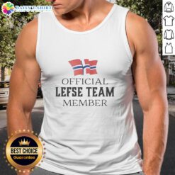 Awesome official Lefse team member wearing a stylish Norwegian tank top, showcasing team spirit and cultural pride.