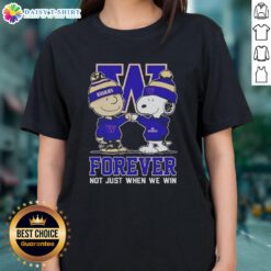 Awesome Peanut Snoopy and Charlie Brown graphic on Washington Huskies Forever ladies tee, celebrating team spirit.