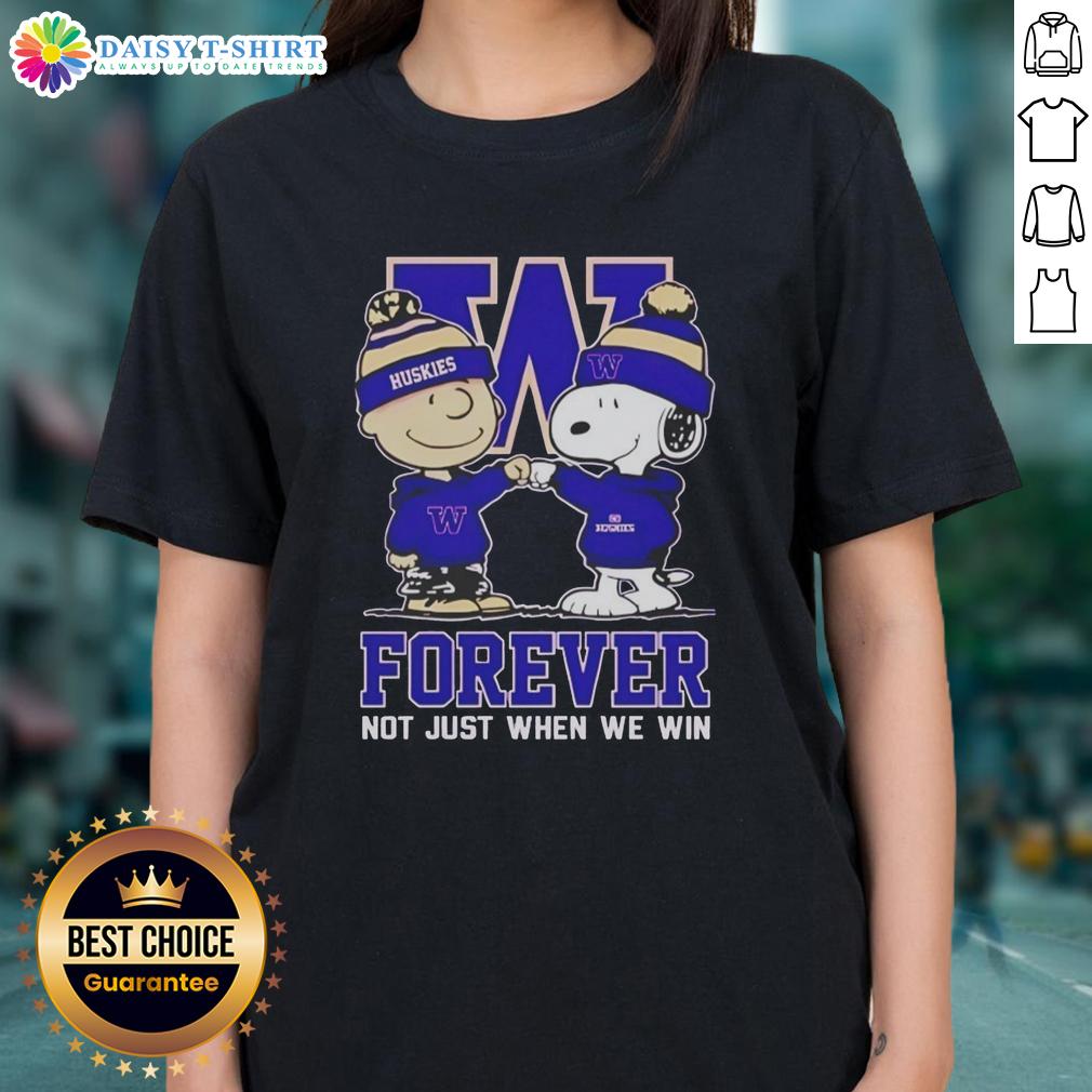 Awesome Peanut Snoopy and Charlie Brown graphic on Washington Huskies Forever ladies tee, celebrating team spirit.