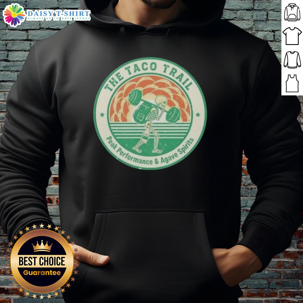 Alt Text: Awesome Skeleton Taco Trail Peak Performance hoodie featuring vibrant design and agave spirits theme.