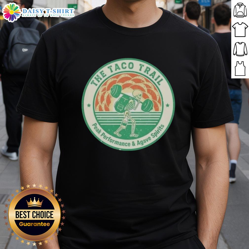 Awesome Skeleton Taco Trail Peak Performance T-Shirt featuring vibrant design and agave spirits theme.
