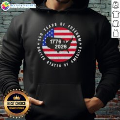Good American Freedom 250th Anniversary hoodie featuring a US map design, celebrating 1776-2026 milestones.