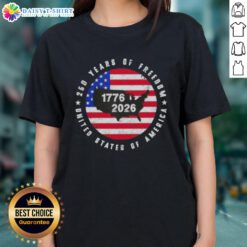 Good American Freedom 250th Anniversary tee featuring a US map design, celebrating 1776-2026 for ladies.