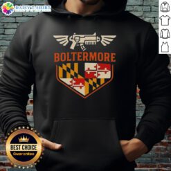 Good Boltermore Warhammer X Maryland Flag logo hoodie featuring unique design and vibrant colors for fans.