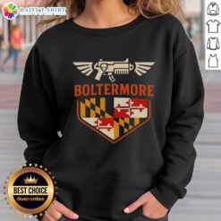 Alt Text: Good Boltermore Warhammer X Maryland Flag Logo Sweatshirt showcasing vibrant design and bold colors.
