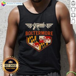 Good Boltermore Warhammer X Maryland Flag logo tank top featuring a vibrant design for fans of Warhammer apparel.