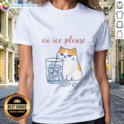 Caricature of a cat with a humorous message, 'Good Cat, No Ice Please,' on a ladies tee shirt design.