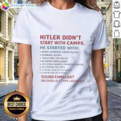 Good Hitler Didnt Start With Camps tee featuring a bold message about historythought-provoking design for awareness.