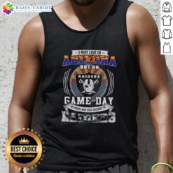 Arizona football fan wearing a Las Vegas Raiders tank top, showcasing team spirit on game day.