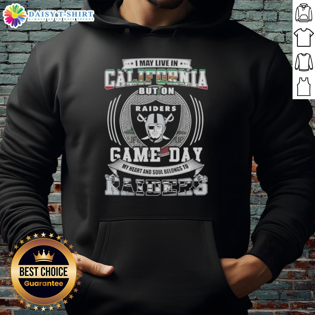 Person wearing a Las Vegas Raiders football hoodie, showcasing team spirit in California on game day.