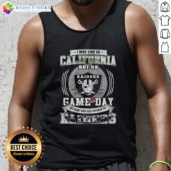 Women's tank top featuring 'Good I May Live In California But My Heart Belongs To Las Vegas Raiders Football' design.