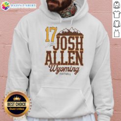 Good Josh Allen Wyoming Cowboys football hoodie with mountain graphic and signature, perfect for fans and outdoor enthusiasts.