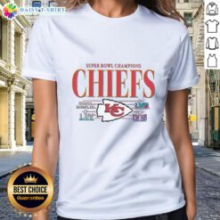 Vintage Kansas City Chiefs NFL Super Bowl Champions logo on a ladies tee shirt, celebrating team championships.