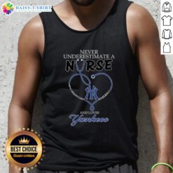 Alt Text: Nurse in a New York Yankees tank top with a stethoscope and heart design, showcasing her love for baseball and nursing.