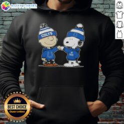 Charlie Brown and Snoopy fist bump in an Indianapolis Colts football hoodie, showcasing a fun Good Peanuts design.