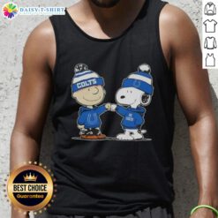Charlie Brown and Snoopy fist bump in a Colts tank top; perfect for fans of Peanuts and Indianapolis Colts football.
