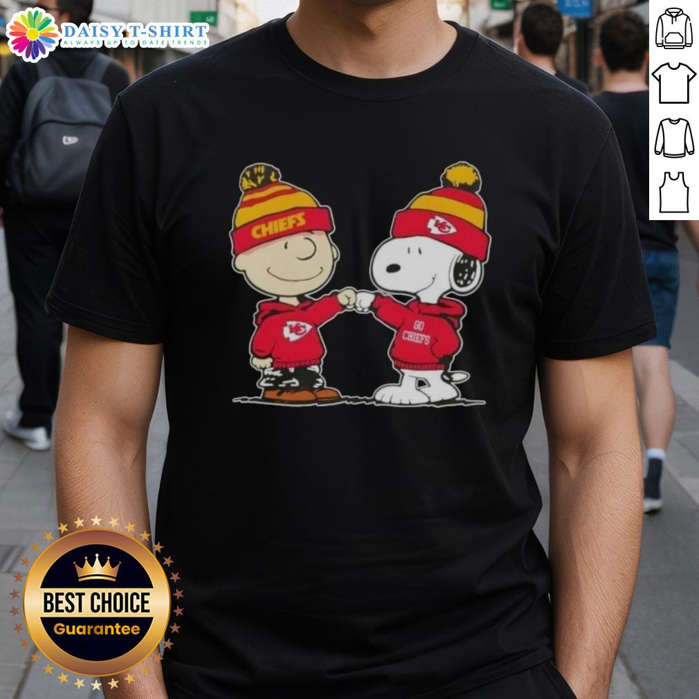 Good Peanuts Charlie Brown and Snoopy fist bump on Kansas City Chiefs football t-shirt design for fans.