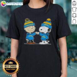 Charlie Brown fist bumps Snoopy in a Good Peanuts tee, showcasing Los Angeles Chargers football spirit for ladies.