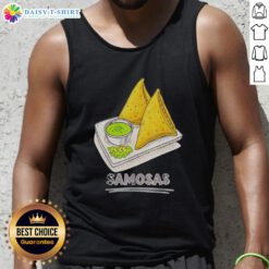 Good Samosa Lover wearing a tank top featuring Indian snack foodies enjoying delicious samosas at a vibrant food event.