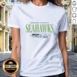Vintage Seattle Seahawks NFL Super Bowl Champions logo on a women's tee shirt, celebrating the team's championships.