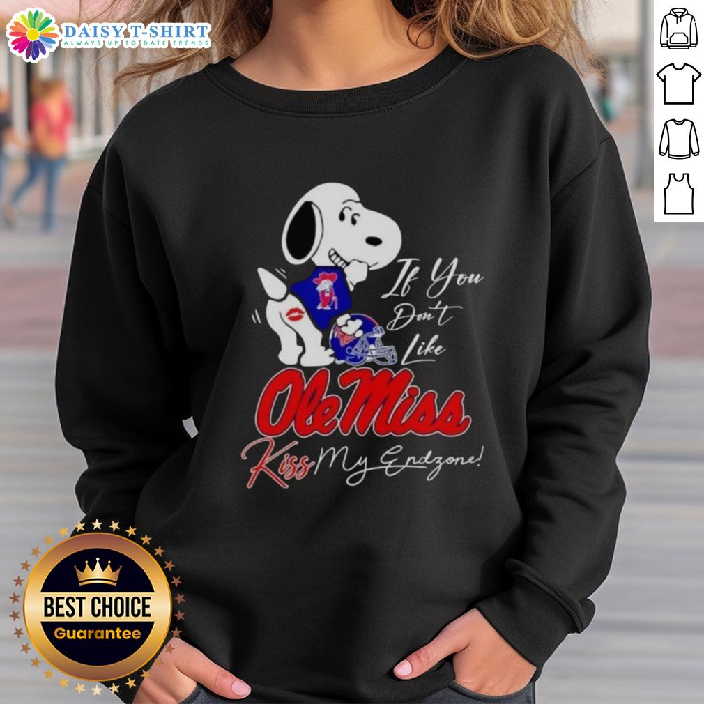 Good Snoopy sweatshirt featuring 'If You Don't Like Ole Miss Rebels, Kiss My Endzone' design for fans and supporters.