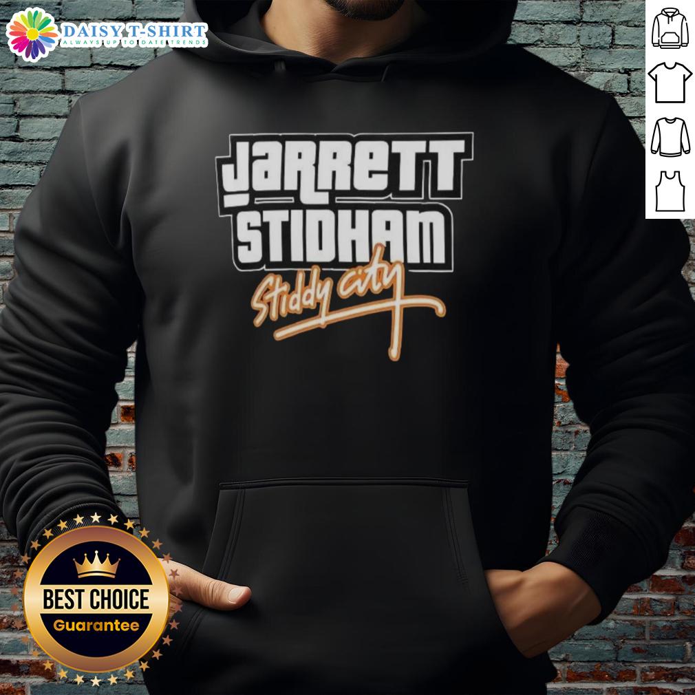 Jarrett Stidham wearing a Denver Broncos hoodie in a GTA Vice City style, showcasing a vibrant urban backdrop.