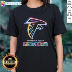 Happy Atlanta Falcons Football graphic on a colorfully designed ladies tee supporting cancer awareness.