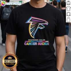 Happy Atlanta Falcons football T-shirt featuring colorful 'Cancer Sucks' logo, perfect for fans supporting cancer awareness.