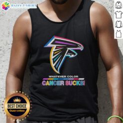 Happy Atlanta Falcons football tank top with colorful 'Cancer Sucks' logo, perfect for fans supporting a great cause.