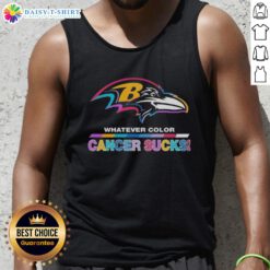 Happy Baltimore Ravens Football tank top featuring colorful 'Cancer Sucks' logo, perfect for fans and cancer awareness.